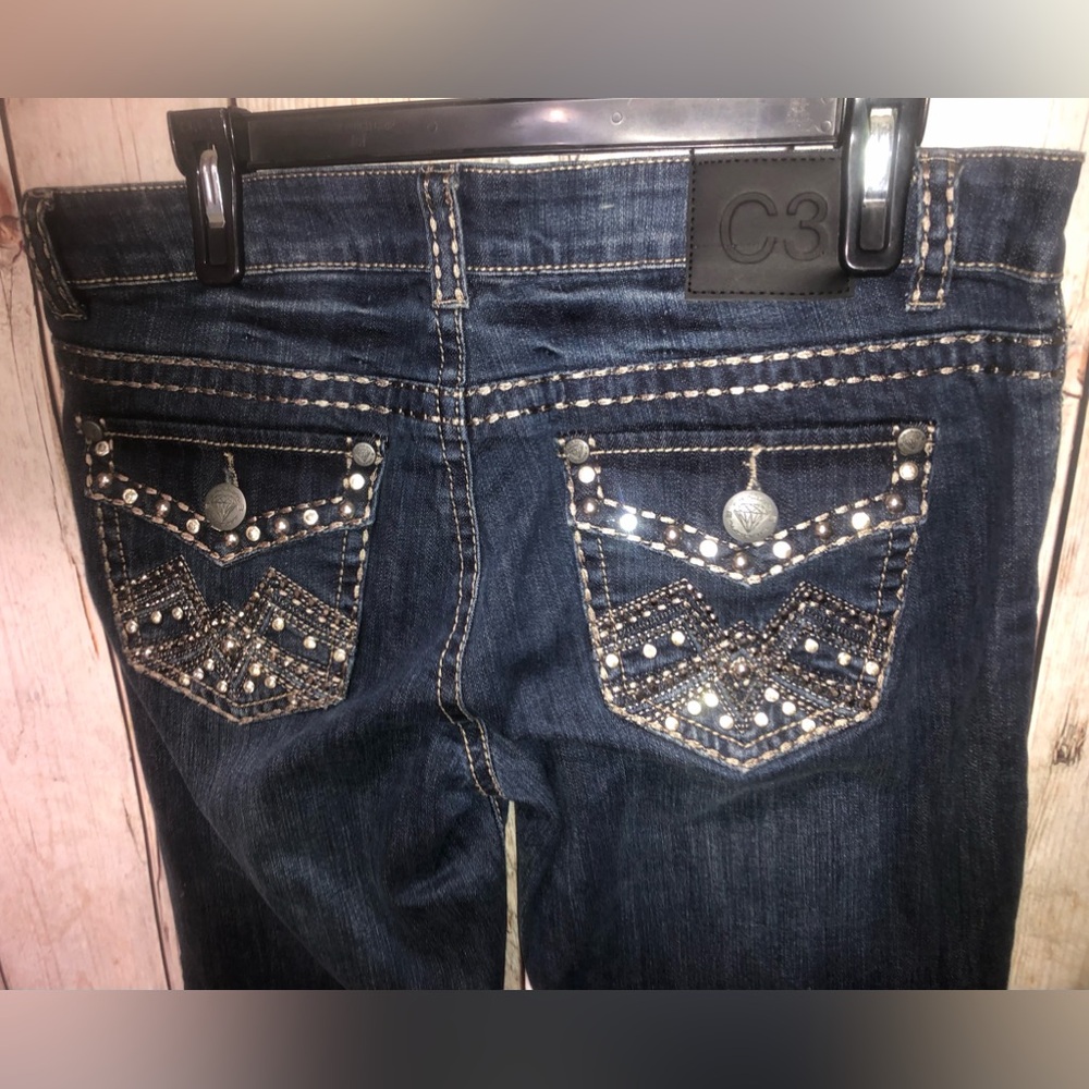 Women’s C3 Jeans Dark Size 13 Embroidered Rhinestone Mid Rise